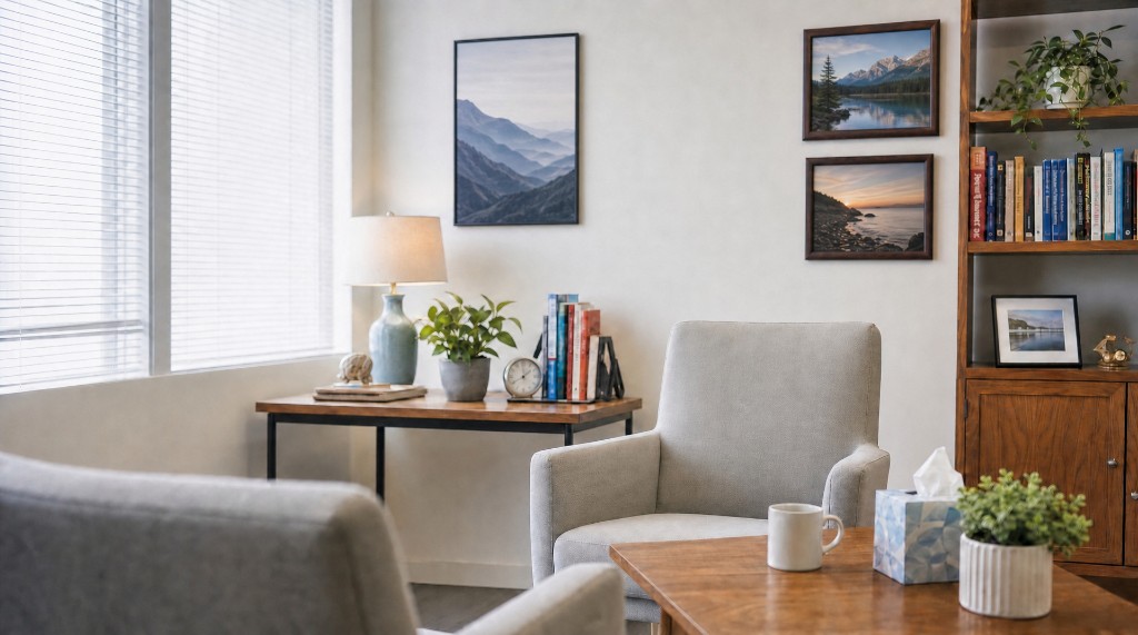 Calm private practice therapy office with armchairs, natural light, and bookshelves